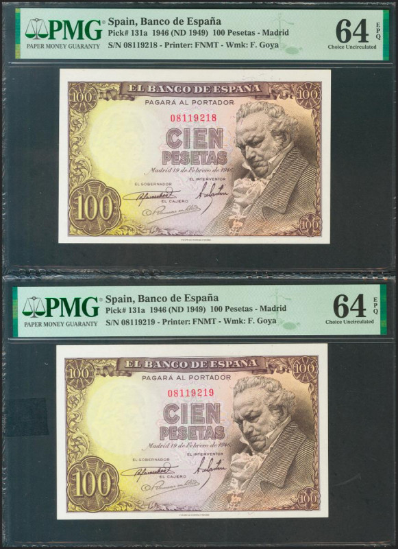 100 Pesetas. 19 de Febrero de 1946. Pareja correlativa. Sin serie. (Edifil 2021:...