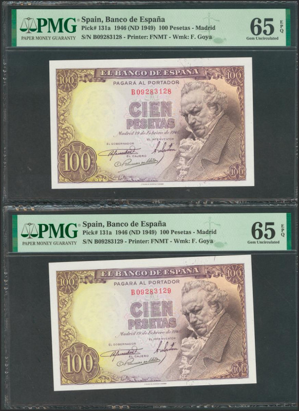 100 Pesetas. 19 de Febrero de 1946. Pareja correlativa. Serie B. (Edifil 2017: 4...