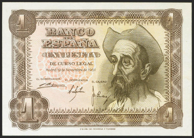 1 Peseta. 19 de Noviembre de 1951. Sin serie. (Edifil 2021: 461). Apresto origin...