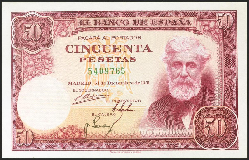 50 Pesetas. 31 de Diciembre de 1951. Sin serie. (Edifil 2021: 462). Conserva par...