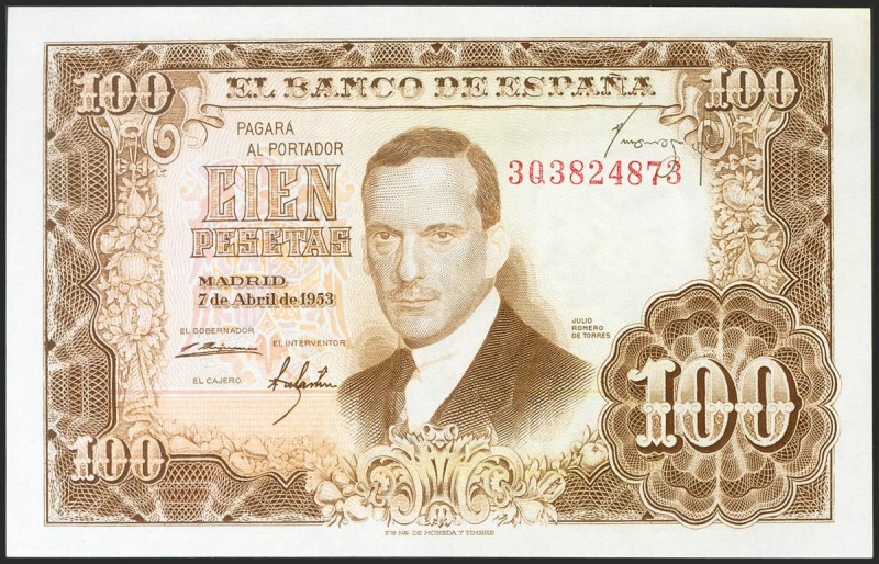 100 Pesetas. 7 de Abril de 1953. Serie 3Q, firma del cajero invertida y en la pa...