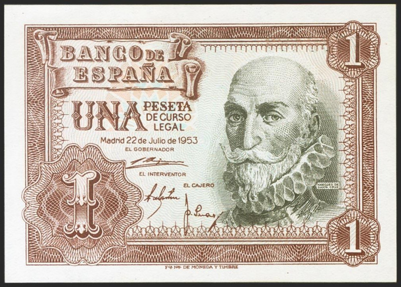 1 Peseta. 22 de Julio de 1953. Sin serie. (Edifil 2021: 465). Apresto original. ...