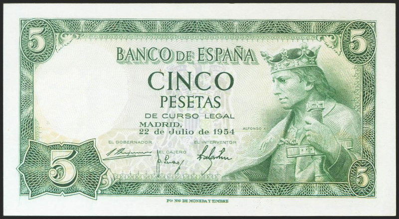 5 Pesetas. 22 de Julio de 1954. Sin serie. (Edifil 2021: 466). Apresto original....