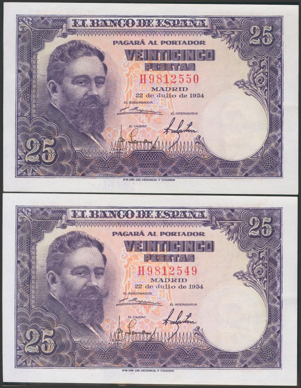 25 Pesetas. 22 de Julio de 1954. Pareja correlativa. Serie H. (Edifil 2017: 467a...