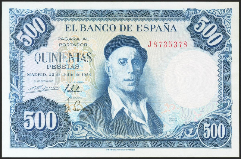 500 Pesetas. 22 de Julio de 1954. Serie J. (Edifil 2021: 468b). Apresto original...