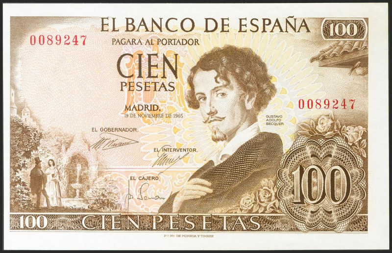 100 Pesetas. 19 de Noviembre de 1965. Sin serie y numeración baja. (Edifil 2021:...