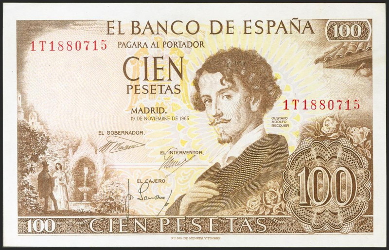 100 Pesetas. 19 de Noviembre de 1965. Serie 1T, última serie emitida. (Edifil 20...