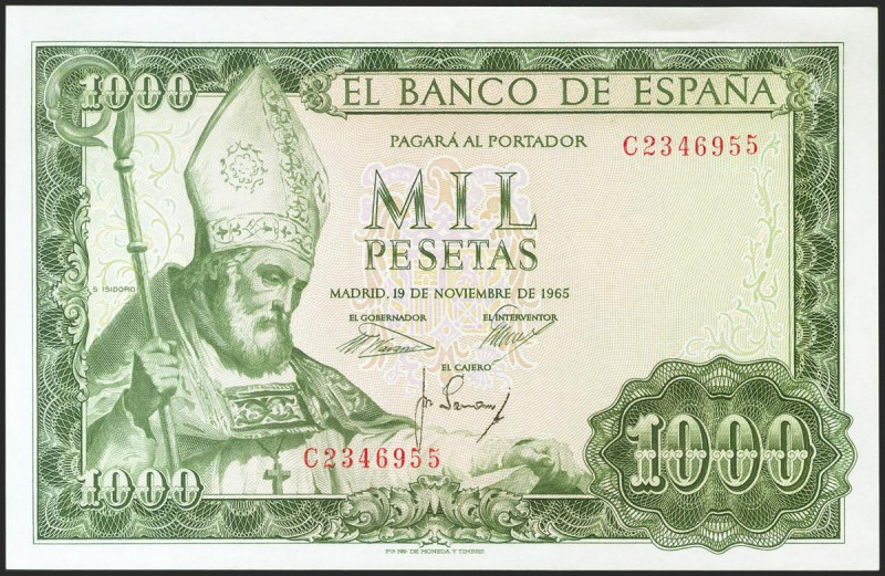 1000 Pesetas. 19 de Noviembre de 1965. Serie C. (Edifil 2021: 471b). Apresto ori...