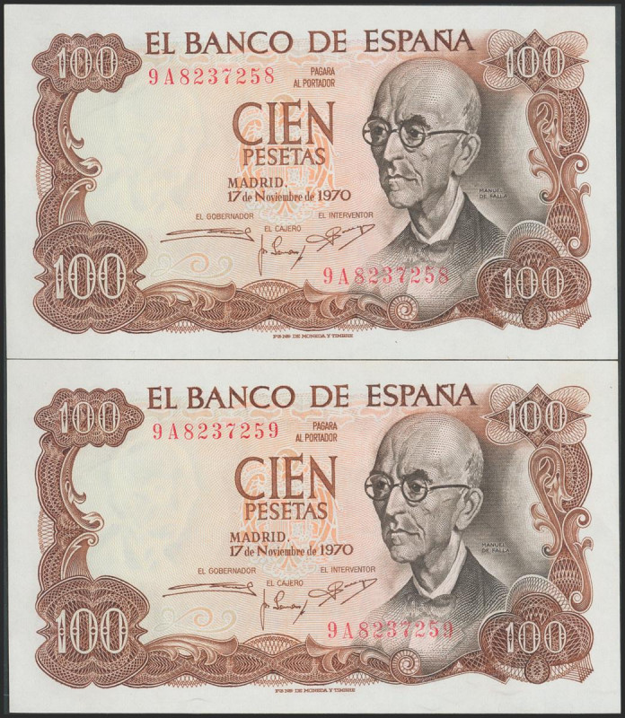 100 Pesetas. 17 de Noviembre de 1970. Pareja correlativa. Serie 9A, numeración e...