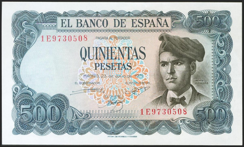 500 Pesetas. 23 de Julio de 1971. Serie 1E. (Edifil 2021: 473a). Apresto origina...