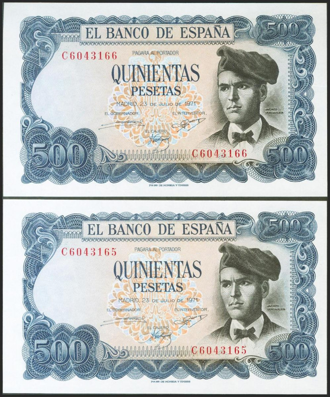 500 Pesetas. 23 de Julio de 1971. Pareja correlativa. Serie C. (Edifil 2021: 473...