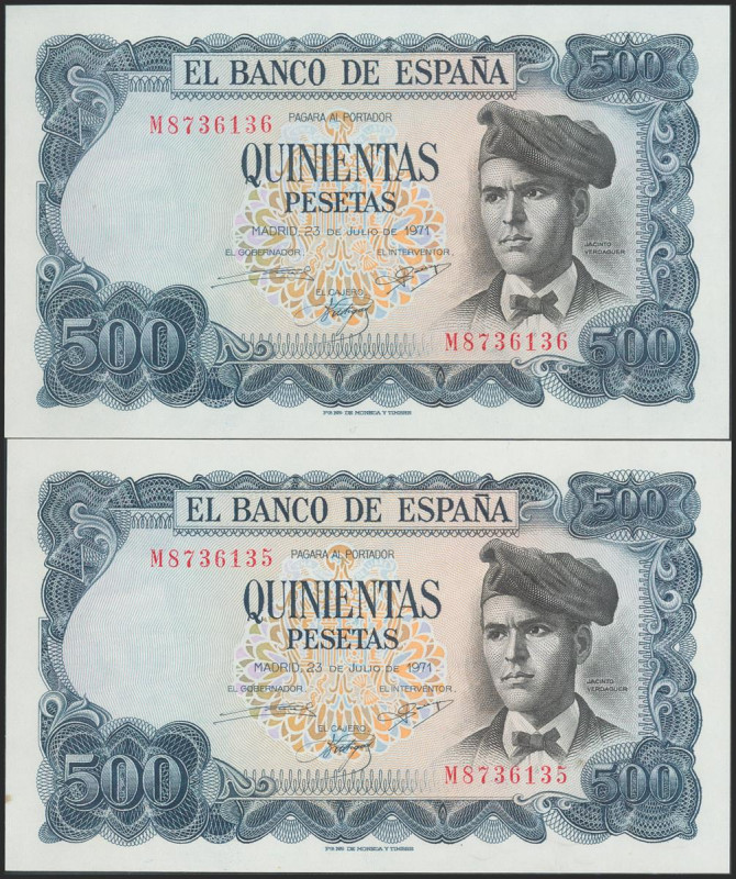 500 Pesetas. 23 de Noviembre de 1971. Pareja correlativa. Serie M. (Edifil 2017:...