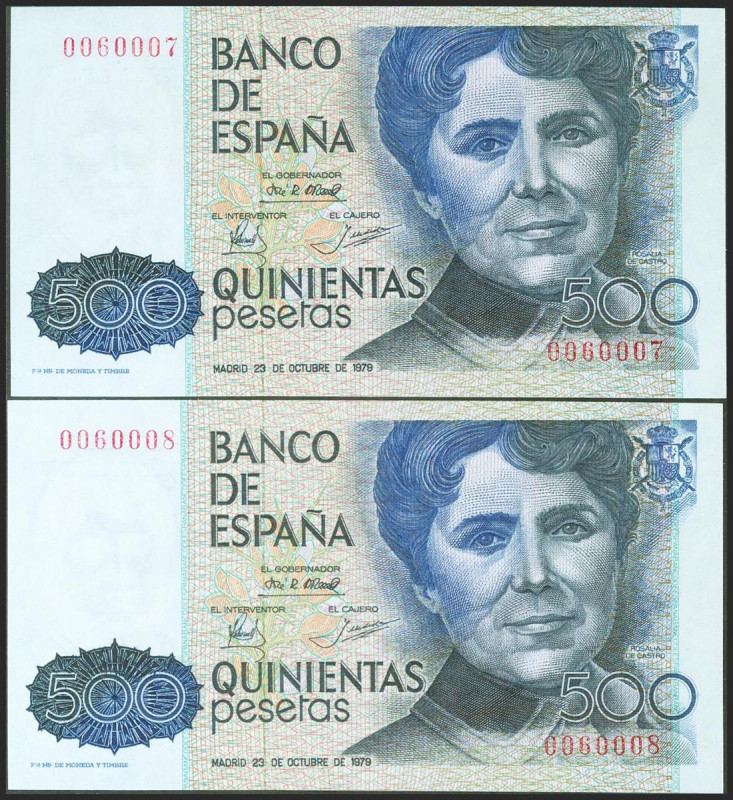 500 Pesetas. 23 de Octubre de 1979. Pareja correlativa. Sin serie y numeración b...