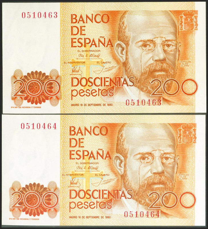 200 Pesetas. 16 de Septiembre de 1980. Pareja correlativa. Sin serie. (Edifil 20...