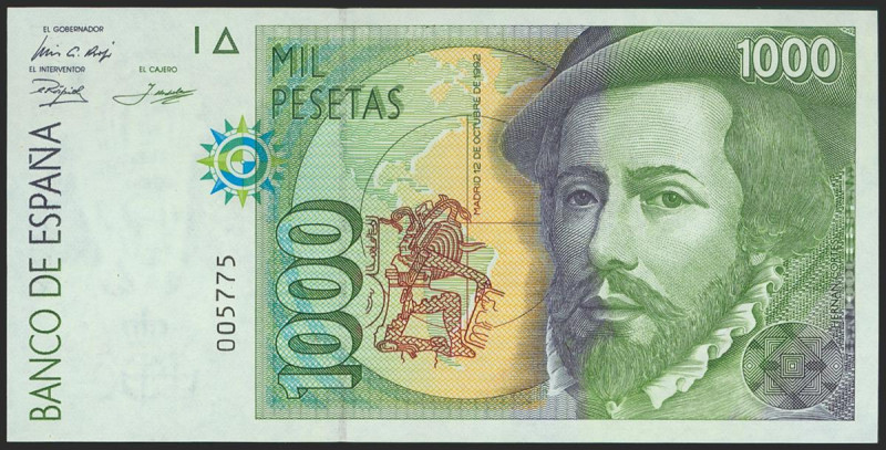 1000 Pesetas. 12 de Octubre de 1992. Sin serie y numeración muy baja y capicúa i...