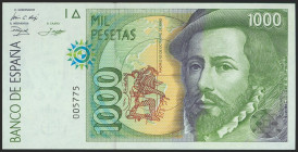 1000 Pesetas. 12 de Octubre de 1992. Sin serie y numeración muy baja y capicúa imperfecto. (Edifil 2021: 483). SC.