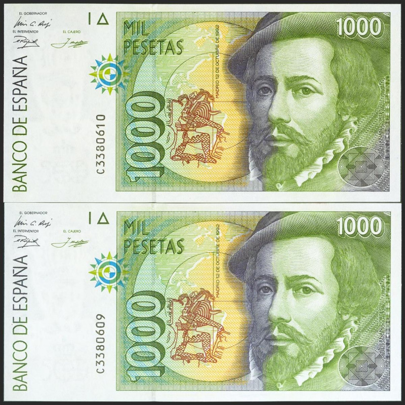 1000 Pesetas. 12 de Octubre de 1992. Pareja correlativa. Serie C. (Edifil 2021: ...