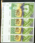 Conjunto de 4 billetes de 1000 Pesetas, emitidos el 12 de Octubre de 1992, sin serie. (Edifil 2021: 483). SC.