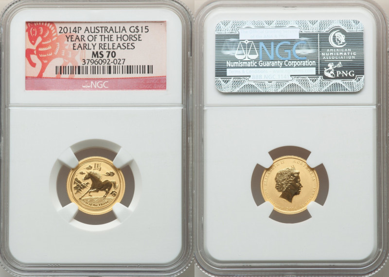 Elizabeth II gold "Year of the Horse" 15 Dollars 2014-P MS70 NGC, KM2102. Perth ...