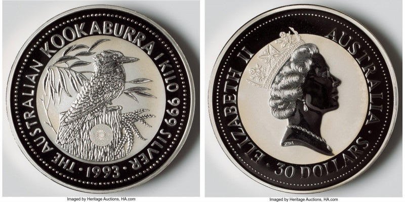 Elizabeth II silver Proof "Kookaburra - Royal Wedding" 30 Dollars (Kilo) 1993, P...