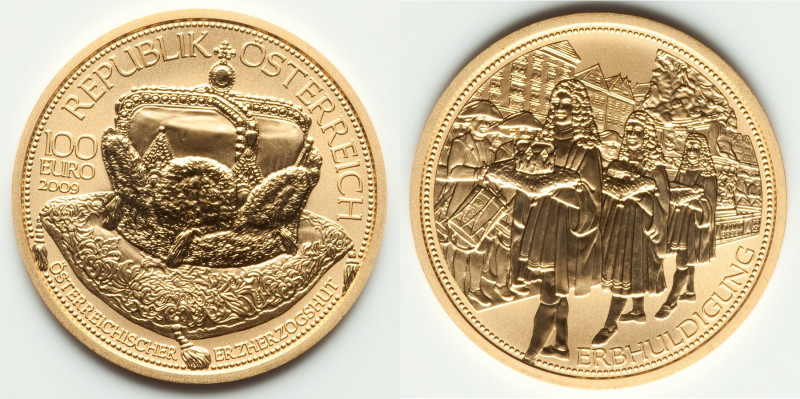 Republic gold Proof "Archducal Crown of Austria" 100 Euros 2009 UNC, KM3181. 30m...