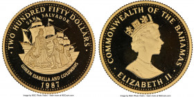 Elizabeth II gold Proof "Queen Isabella & Columbus" 250 Dollars 1987 PR68 Ultra Cameo NGC, KM121. Mintage: 100. AGW 1.4016 oz. 

HID09801242017

© 202...