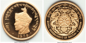 Jigme Sigme Wangchuk gold Proof "Two Dragons" Sertum 1979, KM51. Mintage: 1,000. Sold with case of issue and mint certificate. AGW 0.2353 oz. 

HID098...