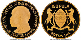 Republic gold Proof "Independence Anniversary" 150 Pula 1976 PR69 Ultra Cameo NGC, Royal mint, KM10. Mintage: 2,000. AGW 0.4711 oz. 

HID09801242017

...