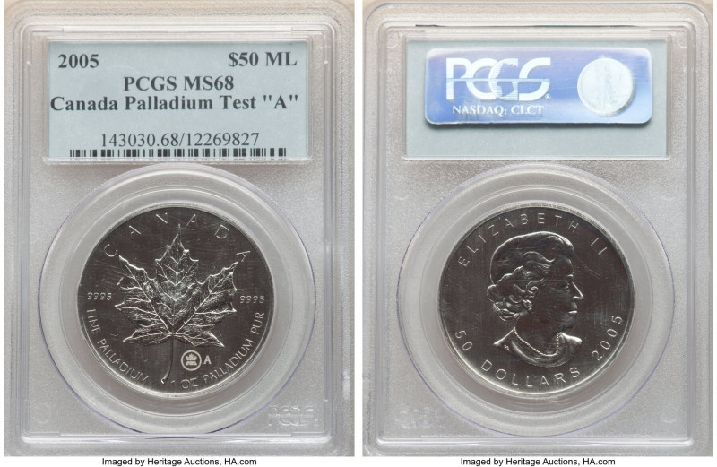 Elizabeth II palladium "Test Coin A" Maple Leaf 50 Dollars (1 oz) 2005 MS68 PCGS...