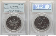 Elizabeth II palladium "Test Coin A" Maple Leaf 50 Dollars (1 oz) 2005 MS68 PCGS, KM-Unl., Fr-B30. Mintage: 146. APDW 0.9995 oz. 

HID09801242017

© 2...