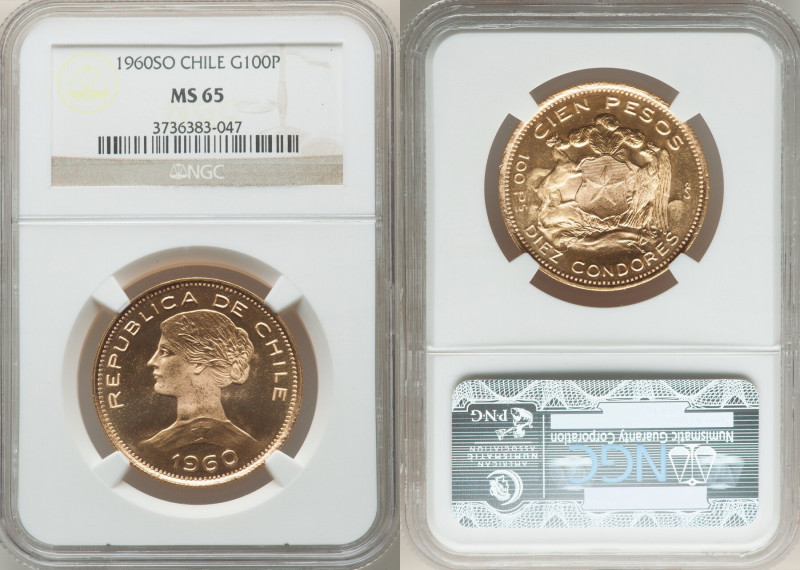 Republic gold 100 Pesos 1960-So MS65 NGC, Santiago mint, KM175. AGW 0.5885 oz. 
...