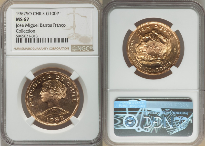 Republic gold 100 Pesos 1962-So MS67 NGC, Santiago mint, KM175. Exceedingly well...
