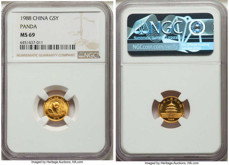 People's Republic gold Panda 5 Yuan (1/20 oz) 1988 MS69 NGC, KM221 (prev. KM-Y15...