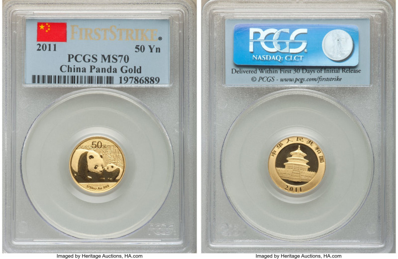 People's Republic Pair of Certified gold Panda 50 Yuan (1/10 oz) 2011 MS70 PCGS,...