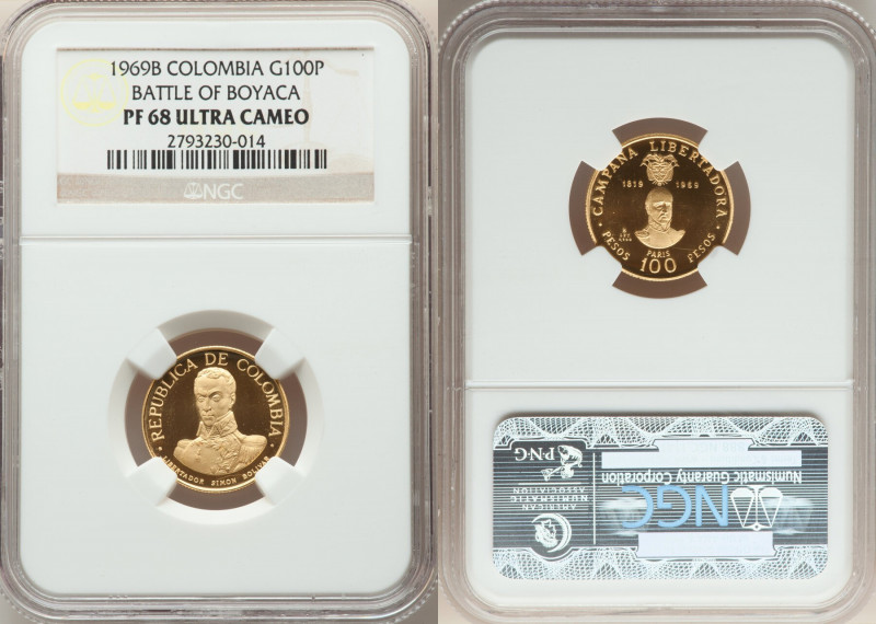 Republic gold Proof "Battle of Boyacá" 100 Pesos 1969-B PR68 Ultra Cameo NGC, Bo...