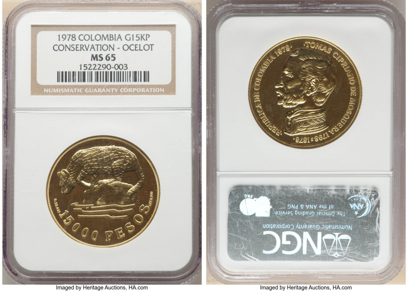 Republic gold "Ocelot" 15000 Pesos 1978 MS65 NGC, KM266. Mintage: 490. AGW 0.967...