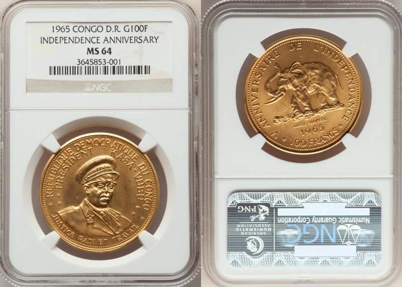 Democratic Republic gold "Independence Anniversary" 100 Francs 1965 MS64 NGC, Ar...