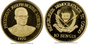 Democratic Republic gold Proof "5th Anniversary Mobutu Presidency" 10 Sengis 1970 PR67 Ultra Cameo NGC, Valcambi mint, KM10. Mintage: 1,000. AGW 0.092...