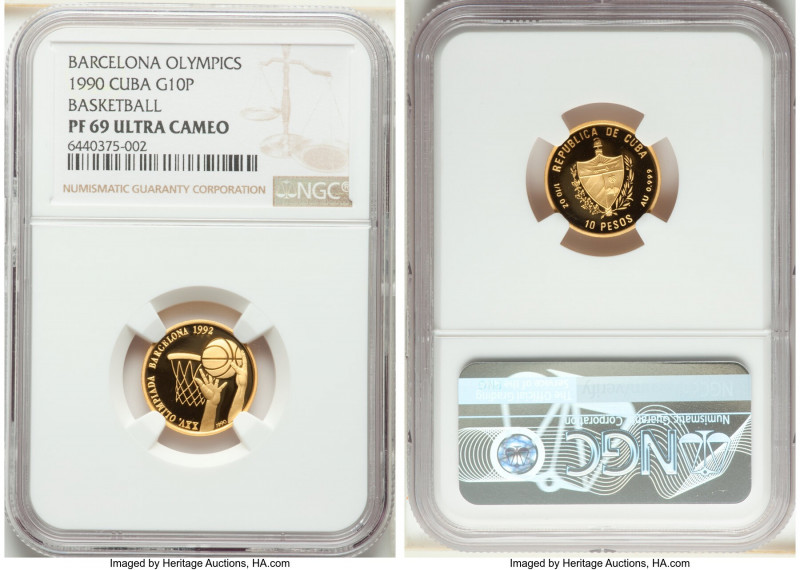 Republic gold Proof "Barcelona Olympics - Basketball" 10 Pesos 1990 PR69 Ultra C...