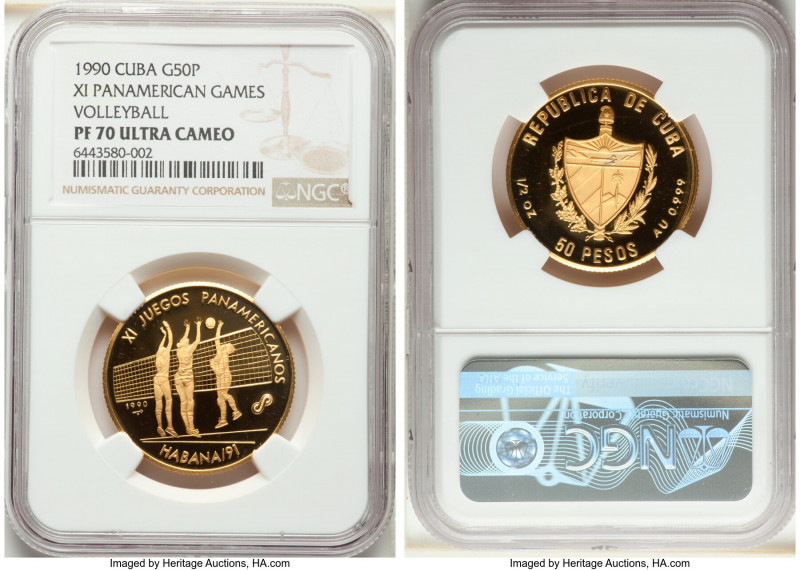 Republic gold Proof "XI Panamerican Games - Volleyball" 50 Pesos 1990 PR70 Ultra...