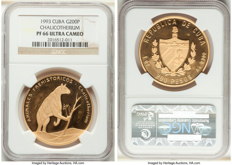 Republic gold Proof "Chalicotherium" 200 Pesos 1993 PR66 Ultra Cameo NGC, KM544....