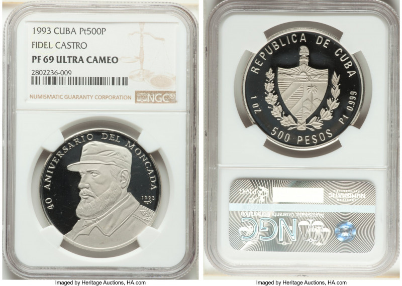 Republic platinum Proof "Fidel Castro" 500 Pesos 1993 PR69 Ultra Cameo NGC, KM60...