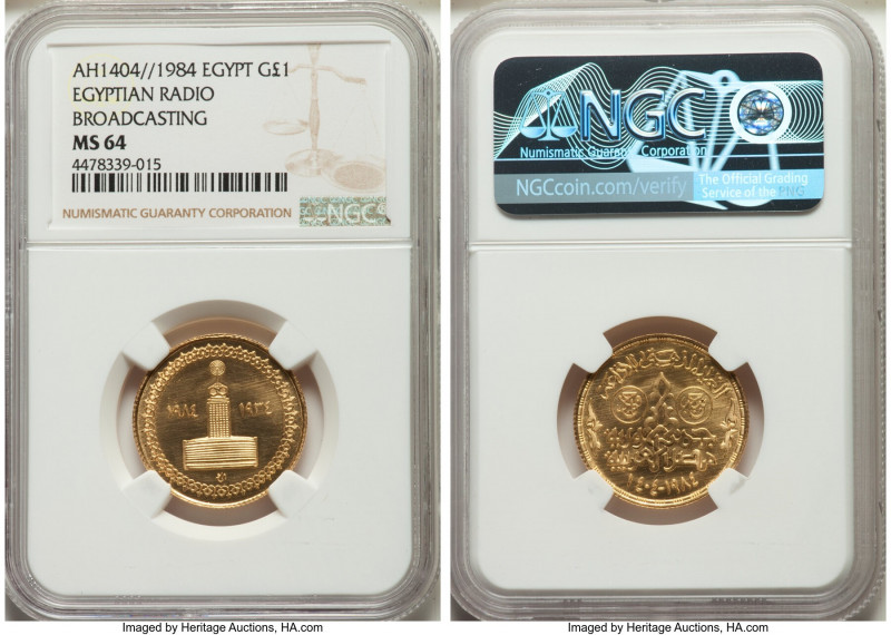 Arab Republic gold Proof "Egyptian Radio Broadcasting" Pound AH 1404 (1984) MS64...