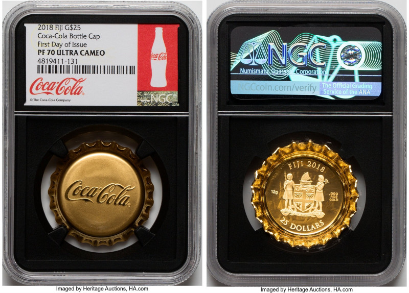British Colony. Elizabeth II gold Proof "Coca-Cola Bottle Cap" 25 Dollars 2018 P...