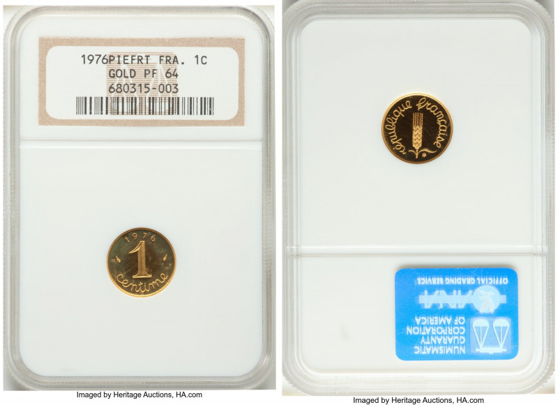 Republic gold Proof Piefort Centime 1976 PR64 NGC, Paris mint, KM-P541. Mintage:...