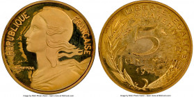 Republic gold Proof Piefort 5 Centimes 1971 PR66 Cameo NGC, Paris mint, KM-P417. Mintage: 100. AGW 0.2574 oz. 

HID09801242017

© 2022 Heritage Auctio...