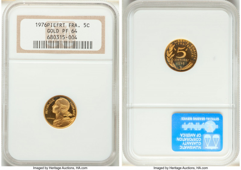 Republic gold Proof Piefort 5 Centimes 1976 PR64 NGC, Paris mint, KM-P544. Minta...