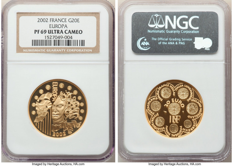 Republic gold Proof "Europa" 20 Euros 2002 PR69 Ultra Cameo NGC, KM1982, Fr-B4. ...