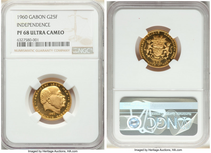 Republic gold Proof 25 Francs 1960 PR68 Ultra Cameo NGC, KM2. Mintage: 500. AGW ...