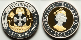 British Colony. Elizabeth II tri-metallic silver, gold, & platinum Proof "21st Century" 5 Crowns 2001-PM UNC, Pobjoy mint, KM907. 50mm. Mintage: 199. ...